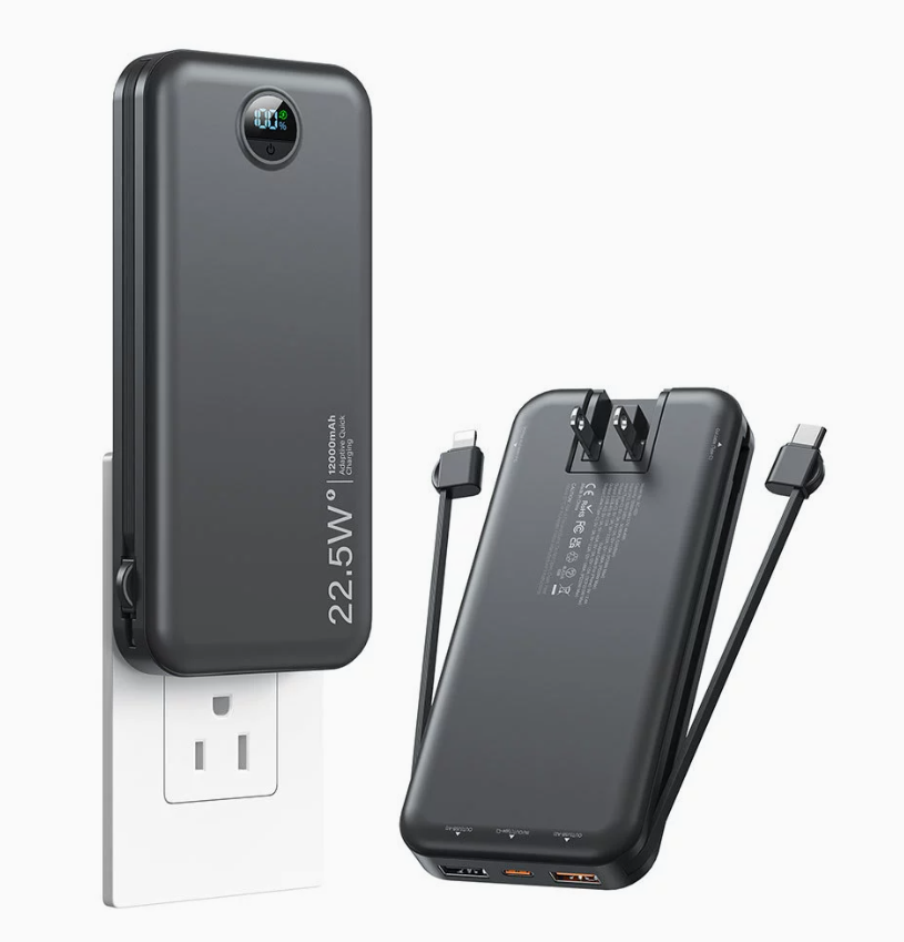 22.5W Portable Power Bank with Wall Plug & Built-in Cables